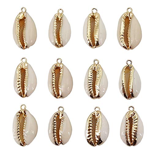 INSPIRELLE 12PCS Golden Natural Shell Pendants Sea Shell Connectors Beach Seashells Cowrie Shell Charms for Jewelry Making