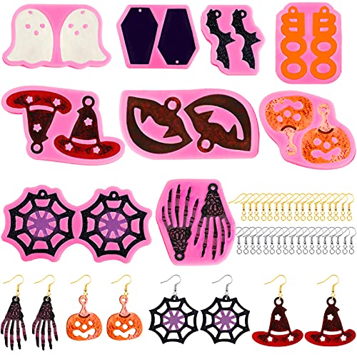9 Pairs Halloween Earring Resin Moulds Halloween Dangle Earring Pumpkin Bat Spider Web Shape Earring Silicone Mould Decorating Tool with Earring Hook Open Jump Ring for Women Girl DIY Craft