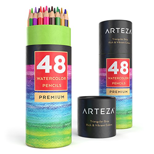 Arteza Watercolor Colored Pencils For Coloring, Set of 48 Presharpened, Triangular-Shaped Drawing Pencils for Teens and Adults, Art Supplies for Sketching and Painting