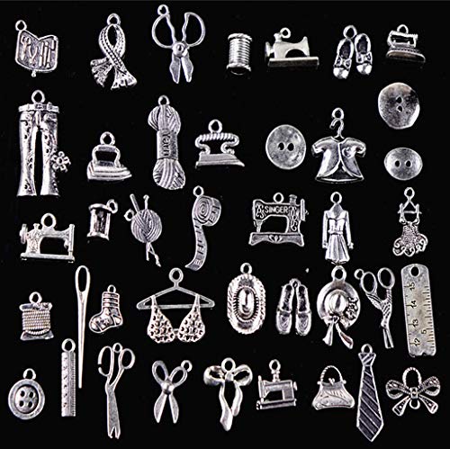 ALIMITOPIA Assorted Sewing Charm Scissor Pipe Yarn Clew Button Sewing Machine Knitting Tailoring Charm Pendant Connector for DIY Necklace Bracelet Jewelry Making Findings(40pcs,Silver Tone)
