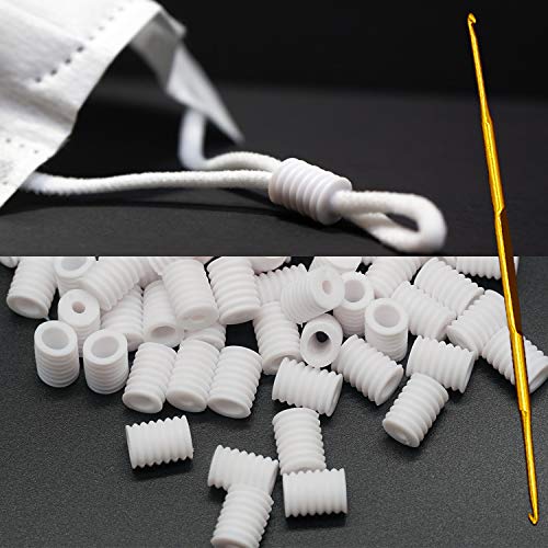 Cord Locks for Masks Mask Adjuster Adjustable Silicone Toggles Plastic Beads Button Slider Stopper Fastener Tightener Buckle Clips Pieces for Ear Loops (60pcs,White)