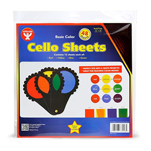 Hygloss Products Cello Sheets - Great for Arts, Crafts, DIY Projects, Classroom Activities, Gift Wrapping and More - 12 x 12 Inches - 4 Colors, 12 of Each - 48 Pack