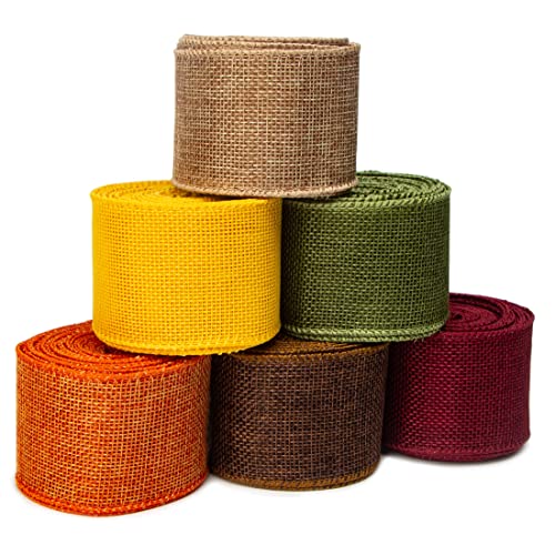 Ribbli Fall Burlap Ribbon,Natural/Yellow/Orange/Sage/Brown/Burgundy Burlap Wired Ribbon,2 Inch x 6 Colors Total 30 Yard, Fall Wired Ribbon for Big Bow,Wreath,Outdoor Decoration