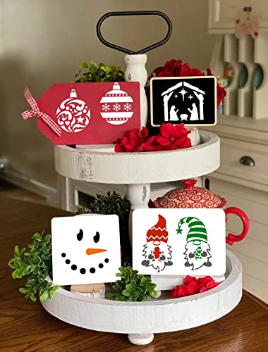 Christmas Stencils for Painting on Wood,3x3” Reusable Holiday Xmas Stencil Drawing Templates for Christmas Tree/ Tier Tray /Window Decor