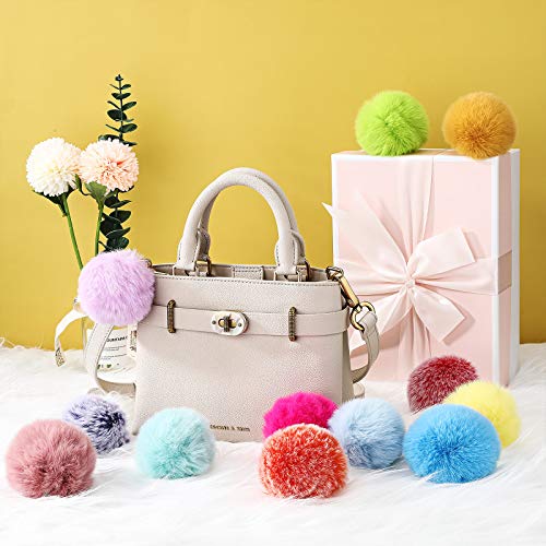 48 Pieces Faux Fur Pom Poms Balls DIY with Elastic Loop Colorful Fur Key Rings Fluffy 3.1 Inch Rabbit Faux Fur Pompoms for Hats Scarves Gloves Bags Accessories (Bright Colors)