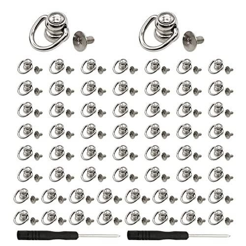 60 Pcs Screwback Round Head Rivet with Pull Ring Studs D Ring 360 Rotatable for DIY Leather with Mini Screwdriver (Silver)