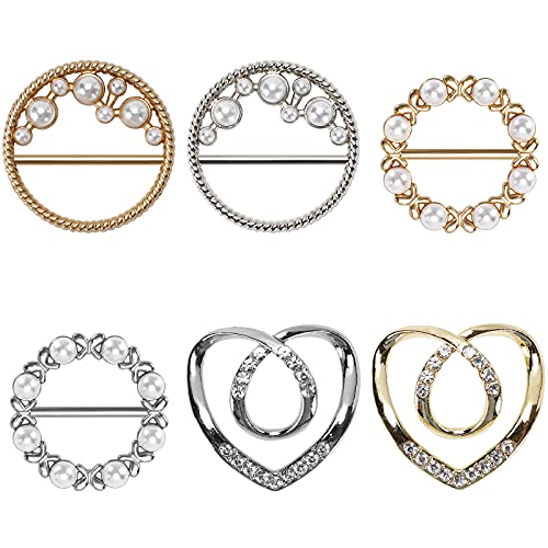 6PCS Silk Scarf Ring Clip Shirt Ties Clips for Women Waist Buckle Fashionable Glitter Rhinestone Scarves Clasp Lady Clothing Ring for T-Shirts Gold & Silver 3 Styles Zinc Alloy