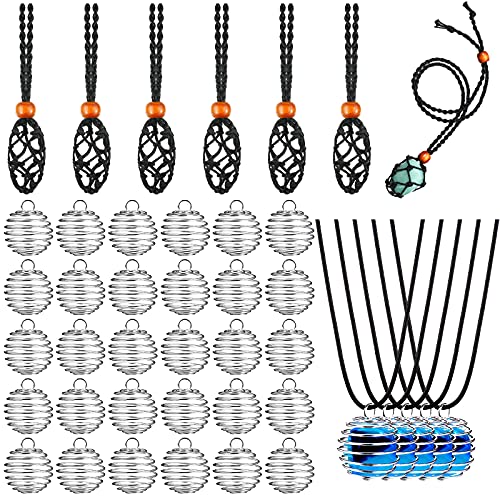 66 Pieces Empty Stone Holder Quartz Stone Necklace Cord Fish Netted Cord Adjustable Crystal Holder Spiral Bead Cages Pendants Black Waxed Necklace Cord for Jewelry Making Crafting Finding