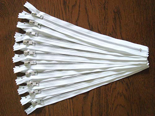 Silver Aluminum YKK Zippers No. 5 Metal 10 inch Zips in White Pack of 12