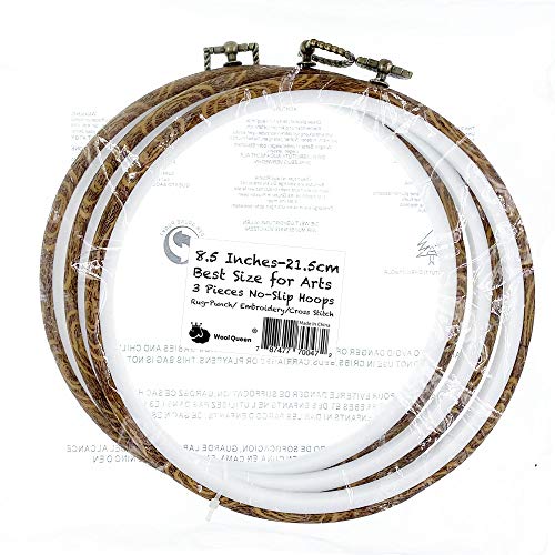 Wool Queen 3 Pieces 8.4'' 21.5cm Rug-Punch Embroidery Ring Cross Stitch No Slip Hoops Set Imitated Wood Display Frame Circle Embroidery Kits for Art Craft Sewing and Hanging