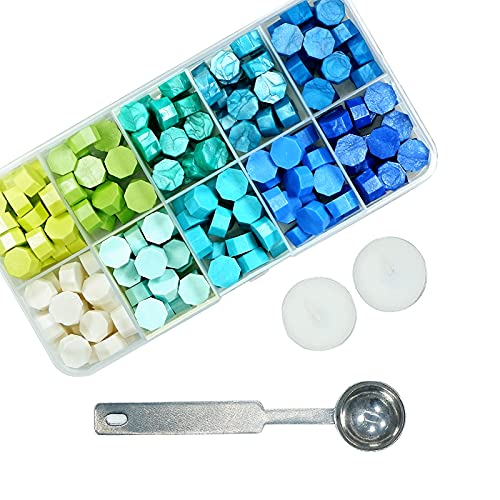 Lanmiya Sealing Wax Beads Fresh Blue-Green 200Pcs with 2PCS Tea Candles and 1 PCS Wax Melting Spoon