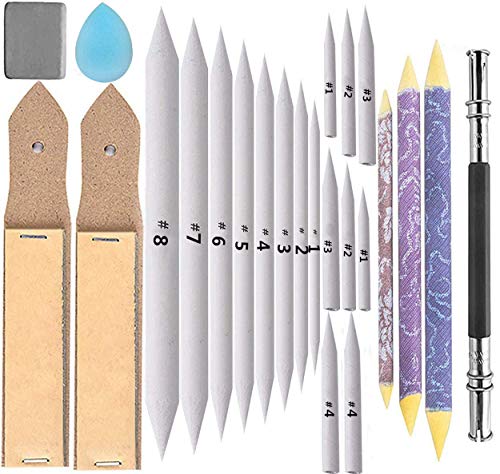 24 Pieces Blending Stumps and Tortillions Set with 2 Pcs Sandpaper Pencil Sharpener 1 Pencil Extension Tool 1 Eraser for Art Blenders Student Sketch Drawing kit