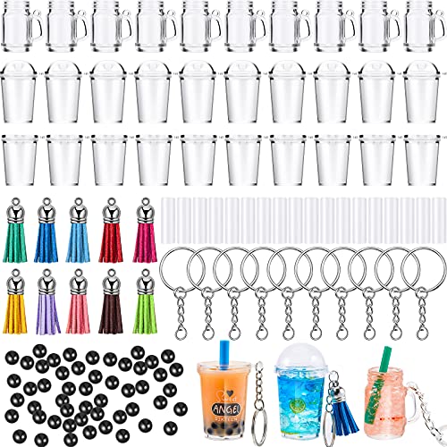290 Pieces Mini Cup Keychain Accessories, Including 30 Mini Cup Shape Pendants Plastic Small Coffee Cup Charms 30 Tassels, 30 Keychain Rings with 200 Black Bubble Beads for DIY Keychain Decors Making