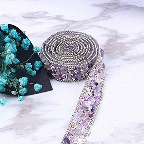 Rhinestone Trim Applique Hotfix Artificial Gem Stone Beaded Crystal Ribbon Chain Sash Iron On Embellishment Sewing Decor by EORTA for Dress Shoes Phone Case DIY, 100X2 cm, Silver and Purple