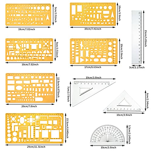 11 Pieces Plastic Drawing Template Ruler Geometric Drawing 12 Inch Triangular Aluminum Architect Scale Measuring Templates Building Geometric Kit Plastic Drawing Template Ruler for Drafting