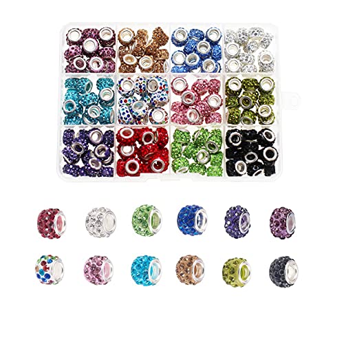 180Pcs Rhinestone Spacer Beads, BetterJonny 10 Colors Large Hole European Crystal Charm Beads for European Bracelet Snake Chain Jewelry Making