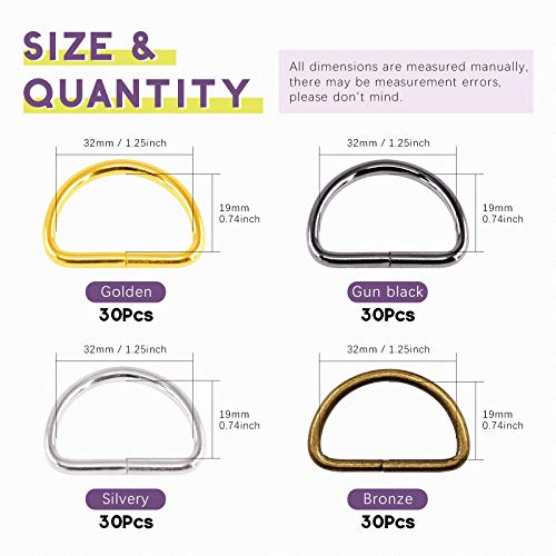 Swpeet 120Pcs 5/4 Inch - 30mm 4Colors Multi-Purpose Metal D Ring Semi-Circular D Ring for Hardware Bags Ring Hand DIY Accessories (Mixed Color, 5/4 inch)