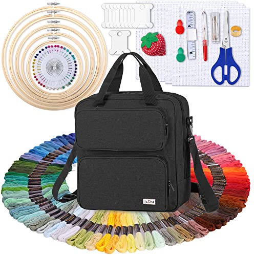 LoDrid Embroidery Starter Kit with Storage Bag, Cross Stitch Kits Tools with Case for Beginners, Adults and Kids, Craft Supplies Kits Bag for Easy Carrying, with Handles and Shoulder Strap, Black