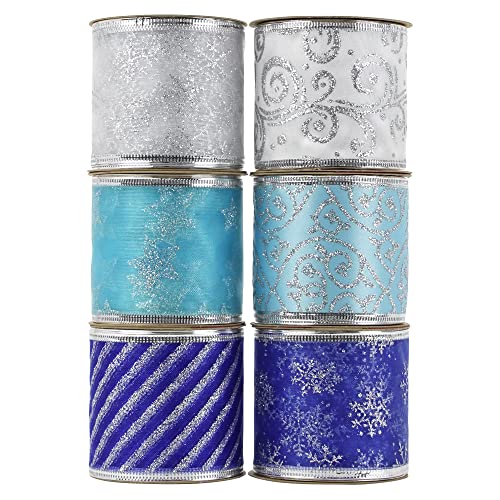 AIMUDI Blue and Silver Christmas Ribbon Wired 2.5" Ice Blue Christmas Tree Ribbon Garland 6 Rolls 36 Yards Turquoise Blue Ribbon for Christmas Tree Topper Bows, Crafts, Gift Wrapping, Wreaths