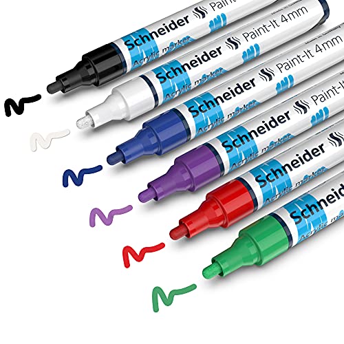 Schneider Paint-It 320 Acrylic Marker Set 1 (4 mm Round tip, high Coverage, Brilliant Colour, for Almost All Surfaces) 6 Pieces
