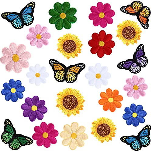 74 Pieces Decoration Sew Patches Set, Including 10 Pieces Butterfly Iron-on Patches, 60 Pieces Flower Embroidered Patch and 4 Sunflower Patch for Clothing, Jackets, Backpacks, Pants