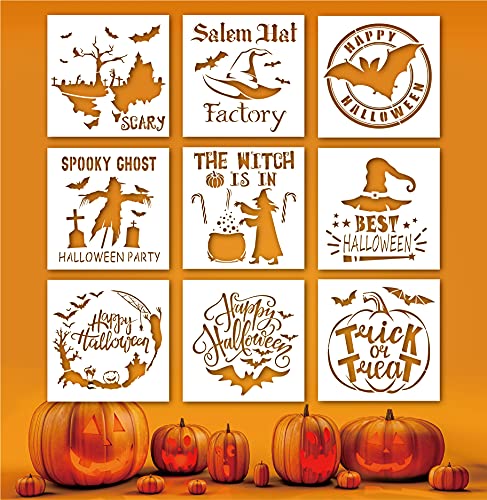 LANGFON 9 Pieces Halloween Stencils for Painting on Wood, Trick or Treat, Happy Halloween, Bat, Witch, Pumpkin, Ghost, Art Spraying DIY Mould Decor, Paint Wooden Signs, Wall Art.