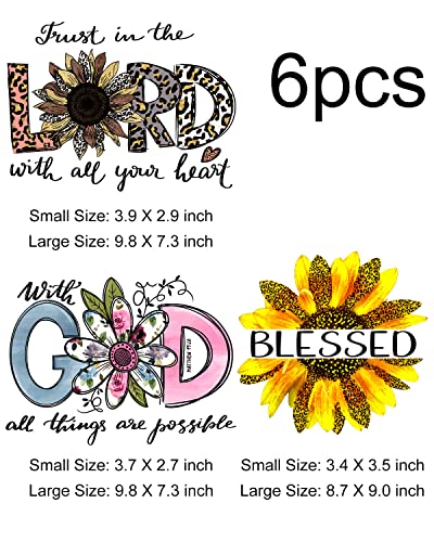 6PCS Iron On Decals Design Letters God Sunflower Iron On Transfer Patches for Clothing Heat Press Decoration Appliqued