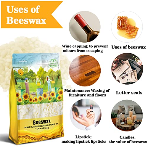 Organic Natural Beeswax Pellets - CARGEN 453g White100% Beeswax Pastilles Pure Bulk Bees Wax Pellets Food Grade for DIY Beewax Making Candles Skin Care Lip Balm Soap Lotion (1lb)