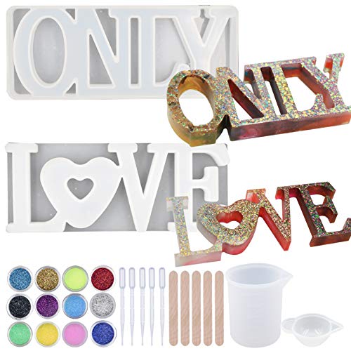 EuTengHao 26Pcs 3D Resin Molds Big Letter Resin Silicone Molds Only&Love Word Sign Letter Casting Resin Molds Set with Glitter Powder Cups Droppers for DIY Making Home Office Halloween Decoration