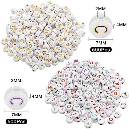 1000 Pieces Round Acrylic Alphabet Beads Letter Beads Flat Round Disc Coin Pony Beads 4 x 7 mm Beads for DIY Bracelet Necklace Jewelry Making Supplies (White with Gold/Colorful Letter)