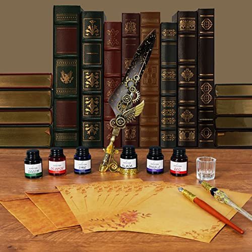 Aifeiter Feather Pen Ink Set, Includes 6 Bottles of Ink,Quill Pen,Glass Dipping Pen,Wooden Dipping Pen,8 Sheets of Writing Paper,Envelope,Wax Granules,Round Wax,Seal,Spoon,Pen Holder(Grey)