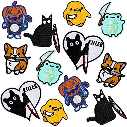 12 Pcs Cat Embroidered Iron On Patches Funny Animals Dog Chick with Knife Sew On Patches Cute Halloween Iron On Patches for DIY Clothing, Jackets, Backpack, Jeans, Bag, Caps and Shoes