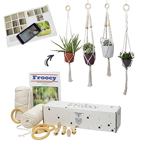 DIY Macrame Kit for Adults Beginners, 4 Macrame Plant Hanger Kit + Froocy Macrame Starter Kit Includes: 100% Cotton Macrame Cord 3 mm + 4 Wooden Rings + 8 Wooden Beads