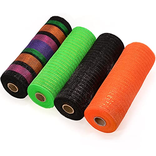 Koopi Poly Deco Mesh 10 inch x 30 feet Each Roll - Metallic Foil Mesh Ribbon Green/Orange/Black/Multicolor Set for Halloween Wreaths, Swags, Craft, Party and Decorating Supplies - 4 Rolls