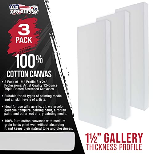 U.S. Art Supply 8 x 24 inch Gallery Depth 1-1/2" Profile Stretched Canvas, 3-Pack - 12-Ounce Acrylic Gesso Triple Primed, - Professional Artist Quality, 100% Cotton - Acrylic Pouring, Oil Painting