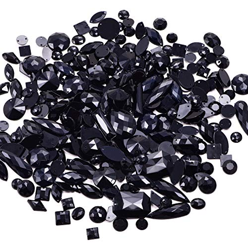 BLINGINBOX 300pcs Sewing Gems Mixed Shapes Crystal Acrylic Sew On Rhinestones with 2 Holes Mixed Sizes Sewing Rhinestones for Clothes Shoes DIY Craft(Black)