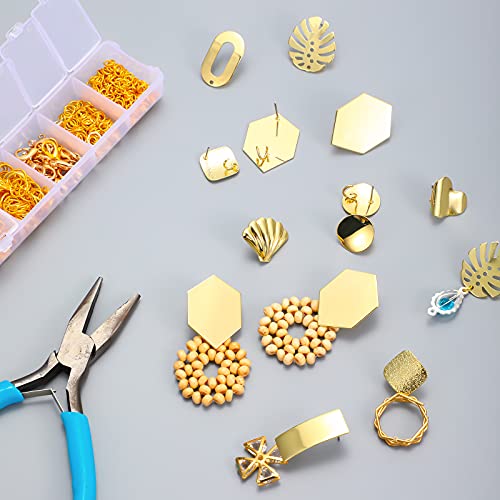 36 Pieces/ 18 Pairs Gold Plated Earring Posts with Loop Hole Ear Studs Kit Including Palm-Leaf Shaped Flower Shell Ear Pad Base Posts Heart Hollow Rectangle Hexagon Shapes for Jewelry Earrings Making