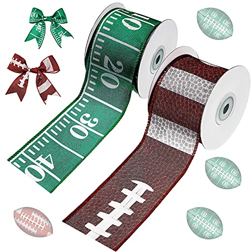 2 Rolls/ 20 Yards Football Pattern Ribbons Green Brown and White Wired Edge Ribbon 2.5 Inch Wide Sport Theme Fabric Ribbons for Wrapping DIY Crafts Making Supplies, 2 Styles
