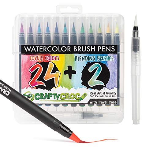 Watercolor Brush Pens Markers - Set of 24 Vibrant Water Color Paint Brushes with Real Nylon Tips for Watercolor Painting and Hand Lettering- Includes Travel Case and 2 Water Blending Brushes