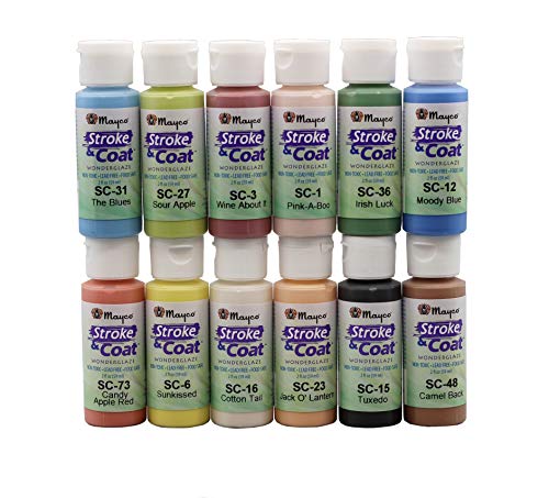 Mayco Stroke and Coat Glaze for Ceramics Kit 3 | 12 Assorted 2 oz Jars with How to Paint Pottery Book