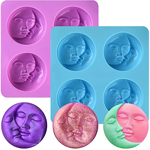 Silicone Soap Molds,Sun & Moon Face Soap Molds for Soap Making, Bath Bomb Molds for Homemade Bath Bombs,Lotion Bar,DIY Resin Making,Wax,Polymer Clay (2 Pack,Color Random)