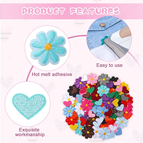 120 Pcs Iron on Patches Flower Iron on Patches Heart Patches Mini Embroidery Applique Patches Colorful Sew Iron on Patches for Clothing Repair Decorations DIY Craft, 15 Colors