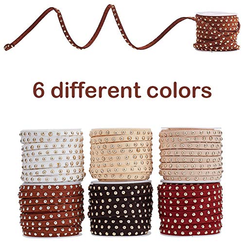 PH PandaHall 33 Yards Faux Suede Cord 5mm Faux Leather String with Rivet 6 Colors Studded Velvet Beading String Suede Cord with Punk Golden Rivet for Jewelry Necklace Bracelet Making Costume Decor