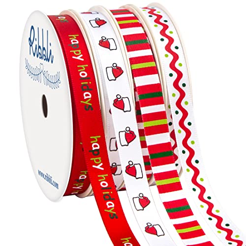 Ribbli Satin 4 Rolls Christmas Ribbon,Happy Holidays Ribbon Use for Christmas Craft,Gift Wrapping,Home Decor,3/8 Inches Total 40 Yards,Red/White/Green