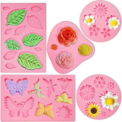 5 Pack Fondant Silicone Molds Set, Mini Butterfly/Flower/Leaves/Rose Silicone Molds for Cake Decorating, Making Chocolate, Polymer Clay, Epoxy Casting