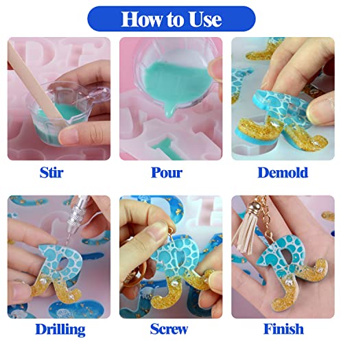 ISSEVE 164Pcs Obverse Alphabet Resin Molds Kit, Silicone Molds for Resin Casting DIY, Letter & Ornament Epoxy Molds Resin Keychain Making Set with 1 Hand Drill 2 Drill Bits 160Pcs Keychain Supplies