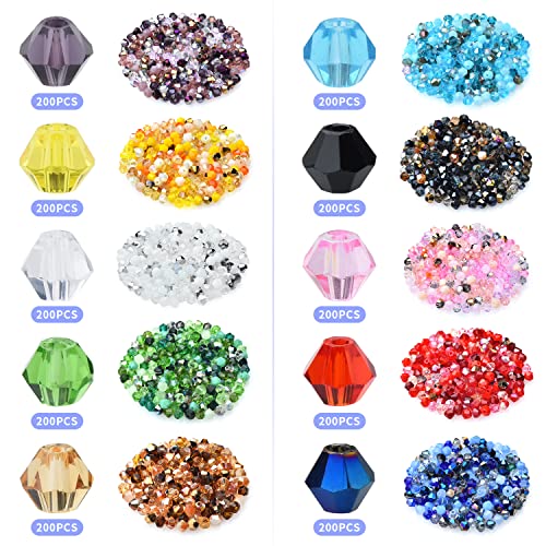 Glass Beads for Jewelry Making, Total 2000PCS - Over 80 Different Mulitcolor Beads, 4mm Bicone Crystal Beaded, Beading Craft Kit, Spacer Beads for Bracelets, Necklaces, Earrings, Rings, DIY Supplies