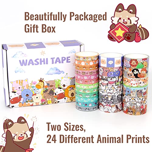 WAPETASHI Cute Washi Tape Set - 24 Rolls Kawaii Animals Gold Foil Decorative Masking Tape for Journaling, Scrapbooking, Kids DIY Crafts, Gift Wrapping, Aesthetic Supplies, Planners, Bullet Journal