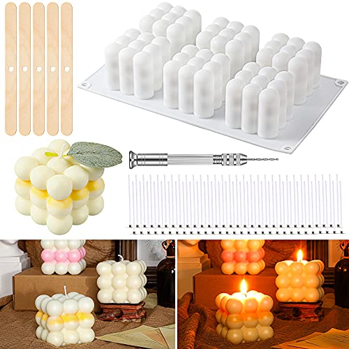 3D Silicone Soy Candle Mold, Bubble Candle Mold Handmade Cube Mold Kit with 50 Candle Wicks Supporting Sticks Candle Hand Twist Drill Overlapping Ball for Candle Chocolate Candy Cupcake Soap, 6-Cavity