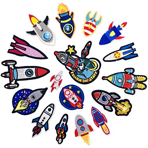 17 Pcs/Set Embroidery Patches Outer Space Planet Pattern Sew On Patches Iron On Patches for Clothes Badges Sticker for Jeans(Rocket Series)